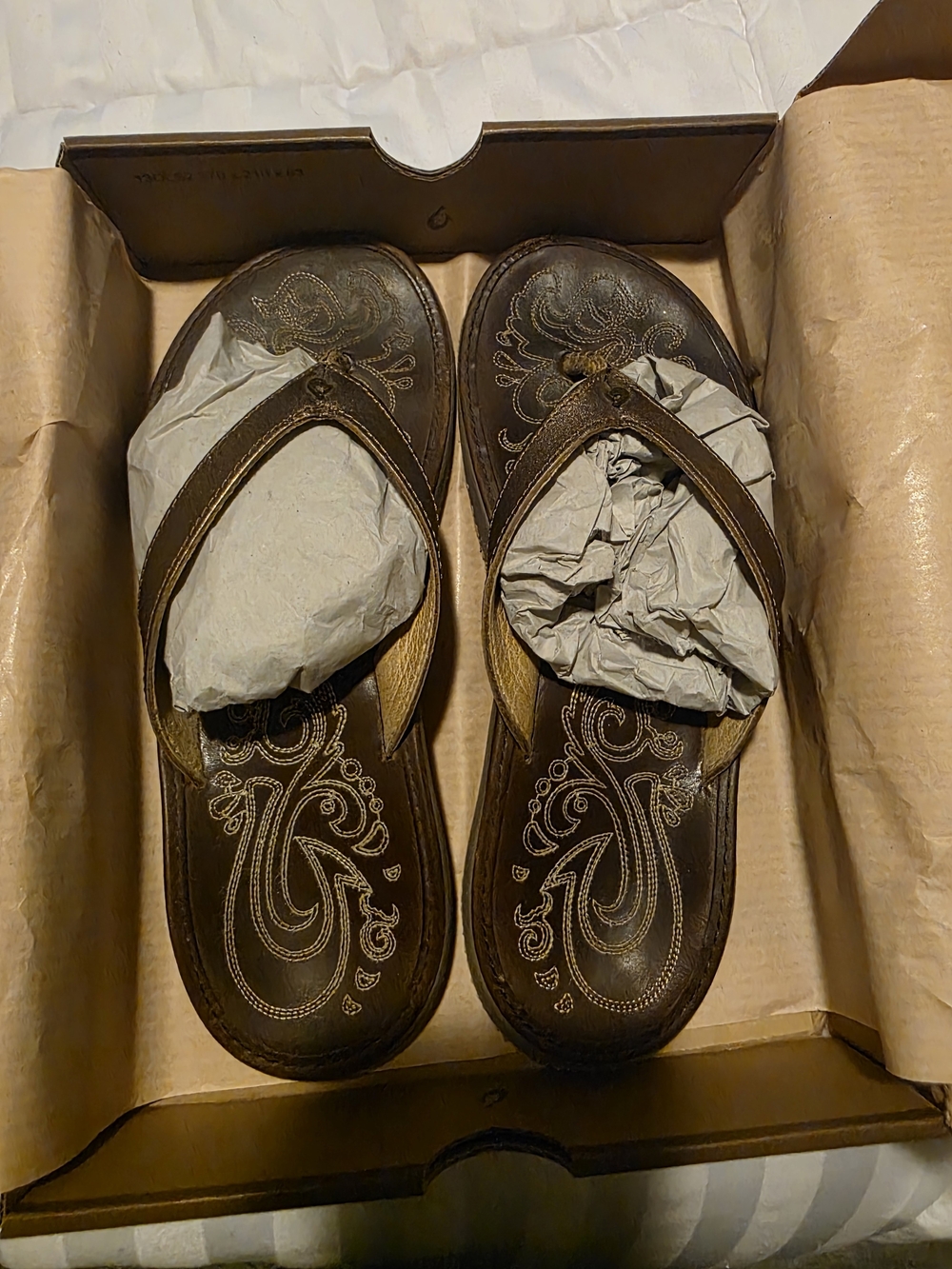 OluKai Brown Leather Embroidered Flip Flop Sandals